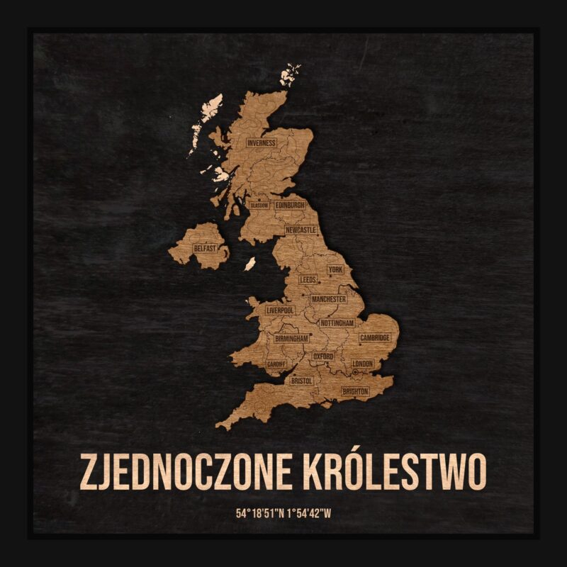 Drewniana mapa Wielkiej Brytanii w ramce 25×25: kontur kraju na czarnej płycie, nazwy miast, rzeki, jeziora, ukształtowanie terenu i granice regionów