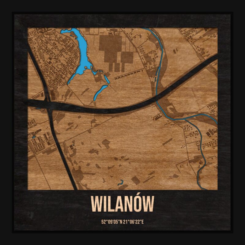 Wilanów (Warszawa) - drewniana mapa dzielnicy z siatką ulic w ramce