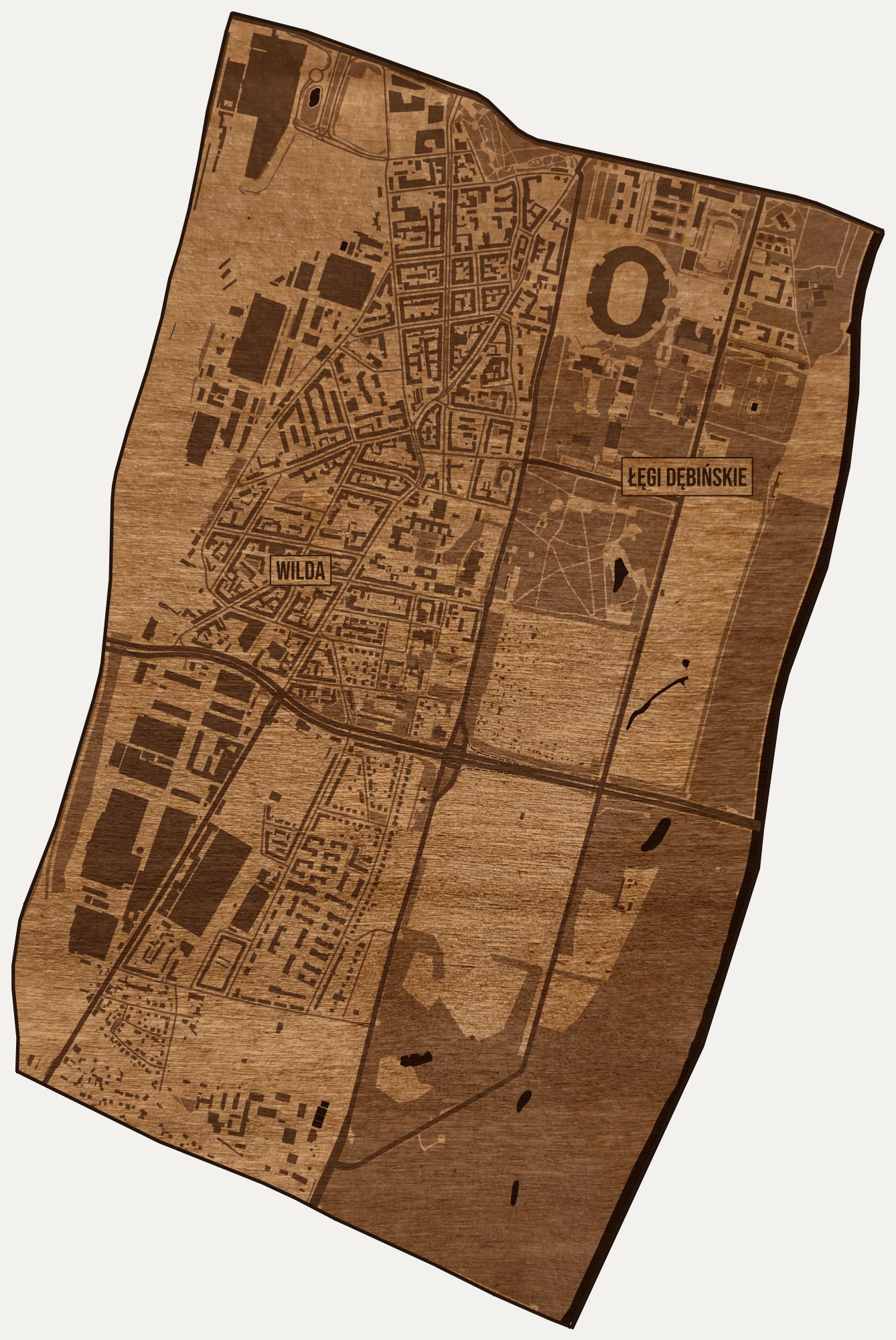Drewniana mapa dzielnicy Wilda (Poznań) na ścianę z jednego kawałka, granice osiedli wygrawerowane