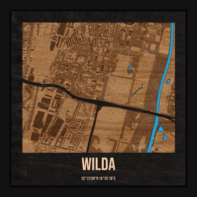 Wilda (Poznań) - drewniana mapa dzielnicy z siatką ulic w ramce