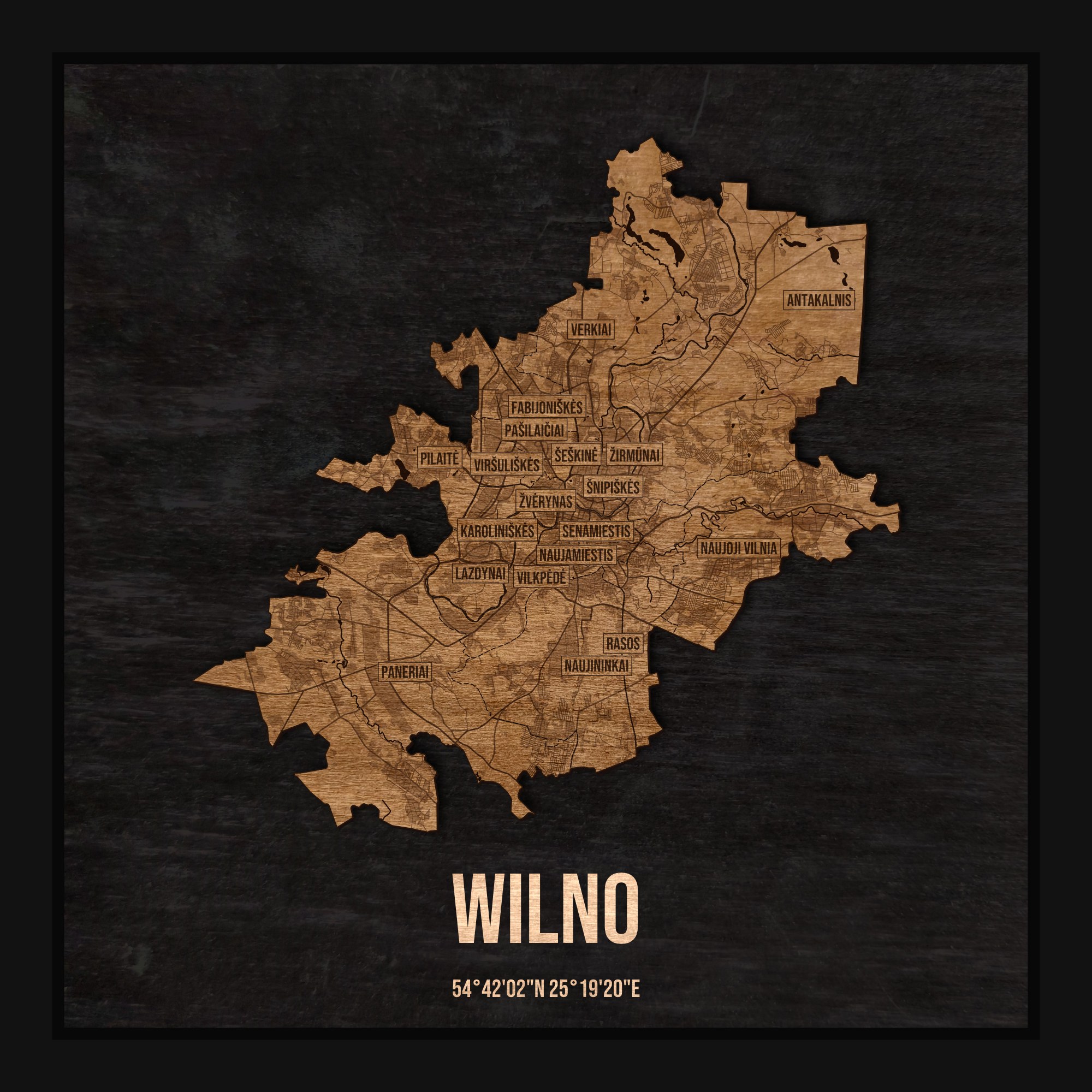 Drewniana mapa Wilna w ramce 25×25: kontur miasta na czarnej płycie, ulice, zabudowa, rzeki, granice i nazwy dzielnic