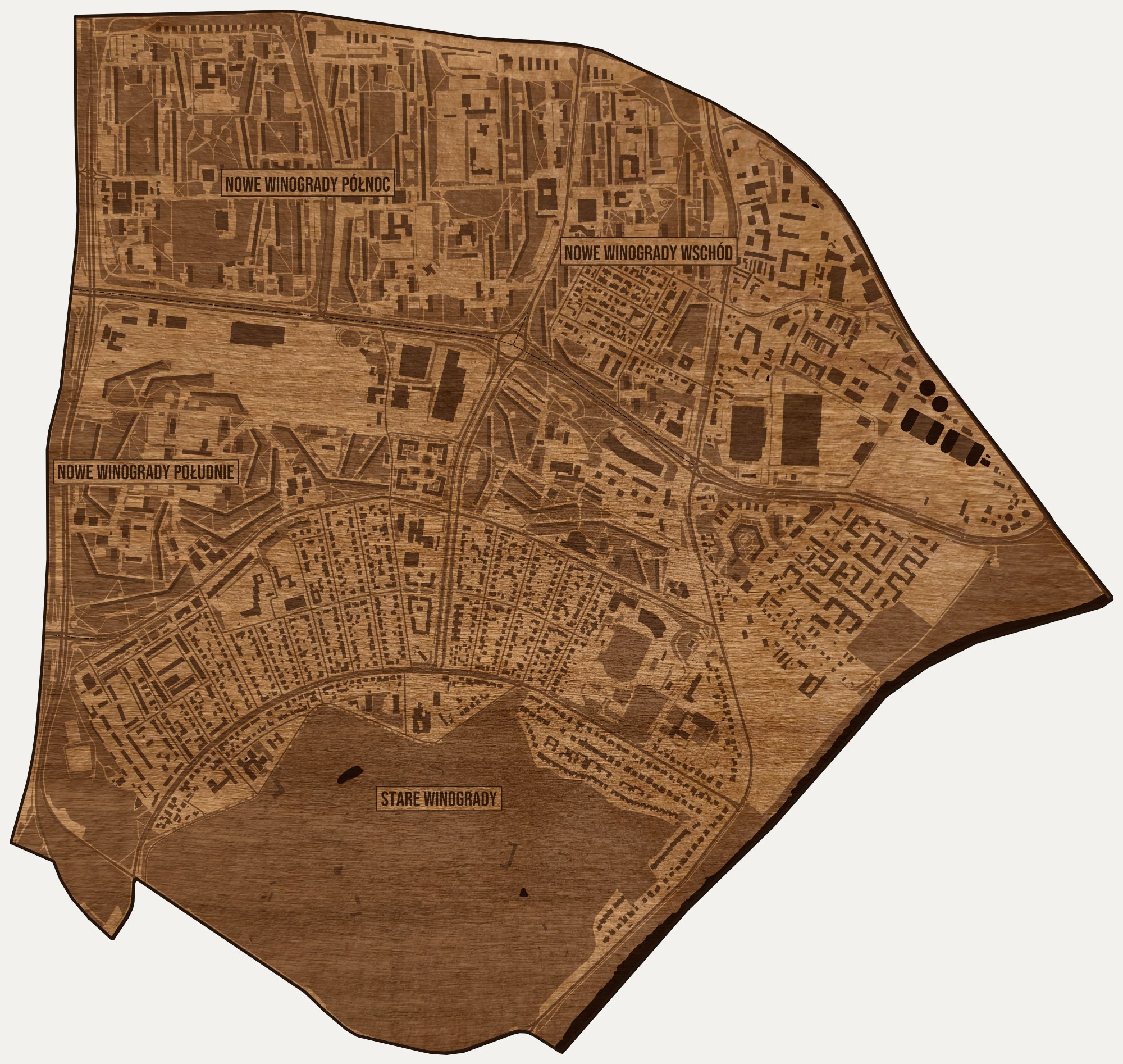 Drewniana mapa dzielnicy Winogrady (Poznań) na ścianę z jednego kawałka, granice osiedli wygrawerowane