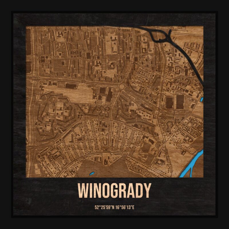 Winogrady (Poznań) - drewniana mapa dzielnicy z siatką ulic w ramce