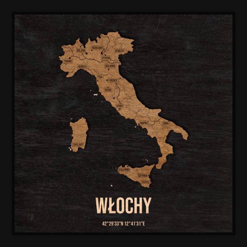 Włochy - drewniana mapa kraju w ramce