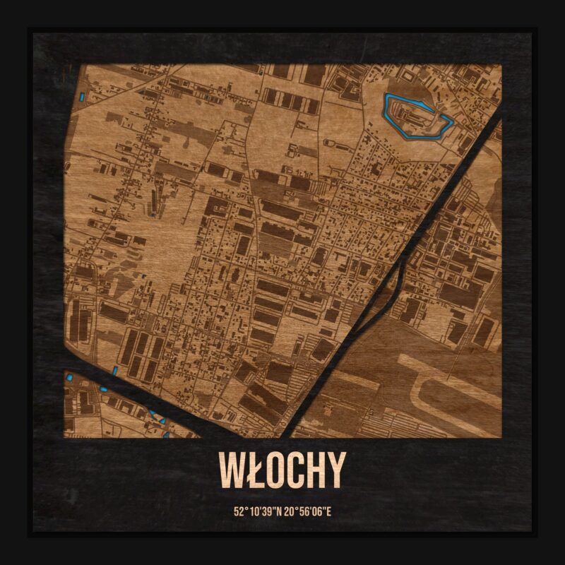 Włochy (Warszawa) - drewniana mapa dzielnicy z siatką ulic w ramce