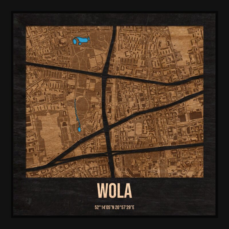 Wola (Warszawa) - drewniana mapa dzielnicy z siatką ulic w ramce