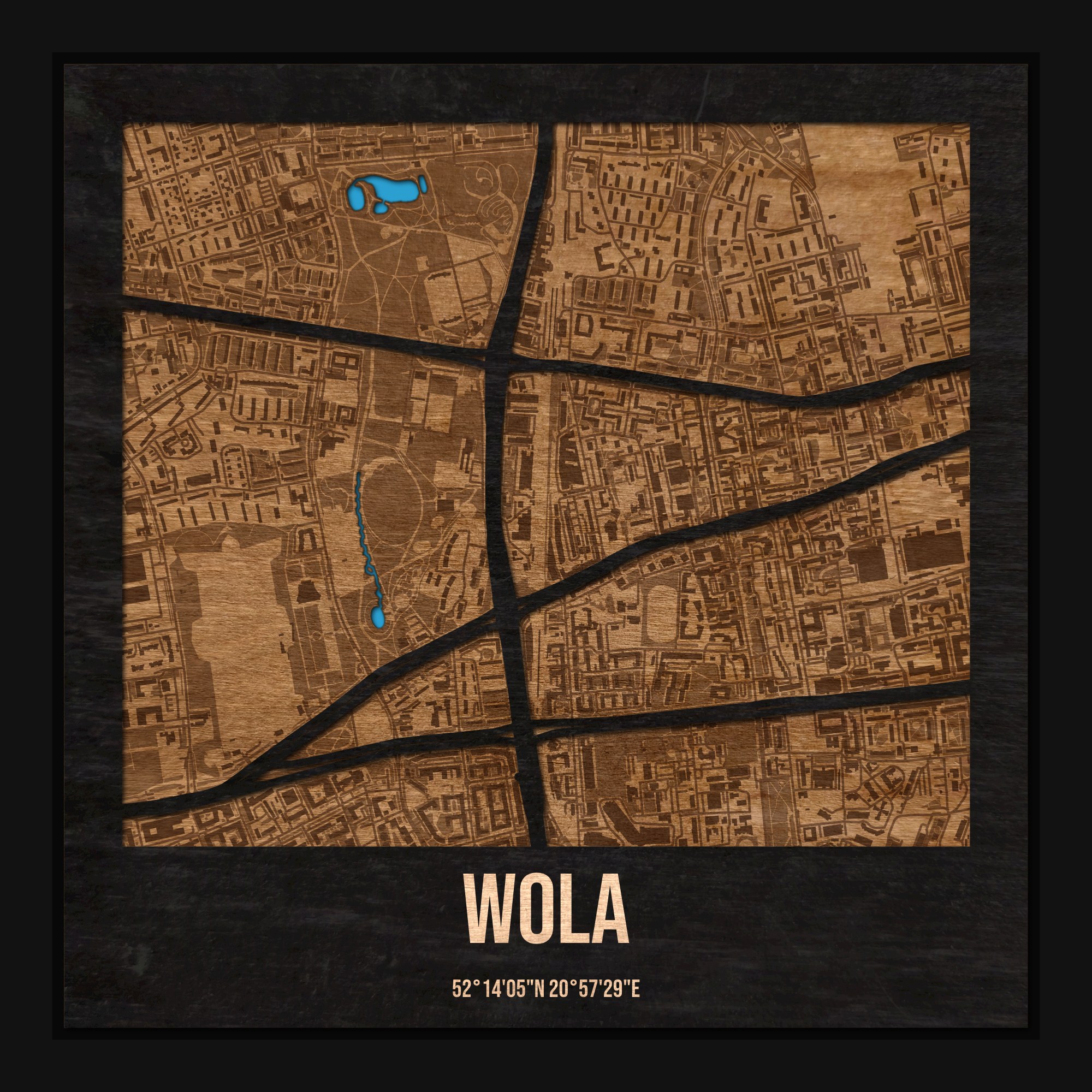 Wola (Warszawa) - drewniana mapa dzielnicy z siatką ulic w ramce