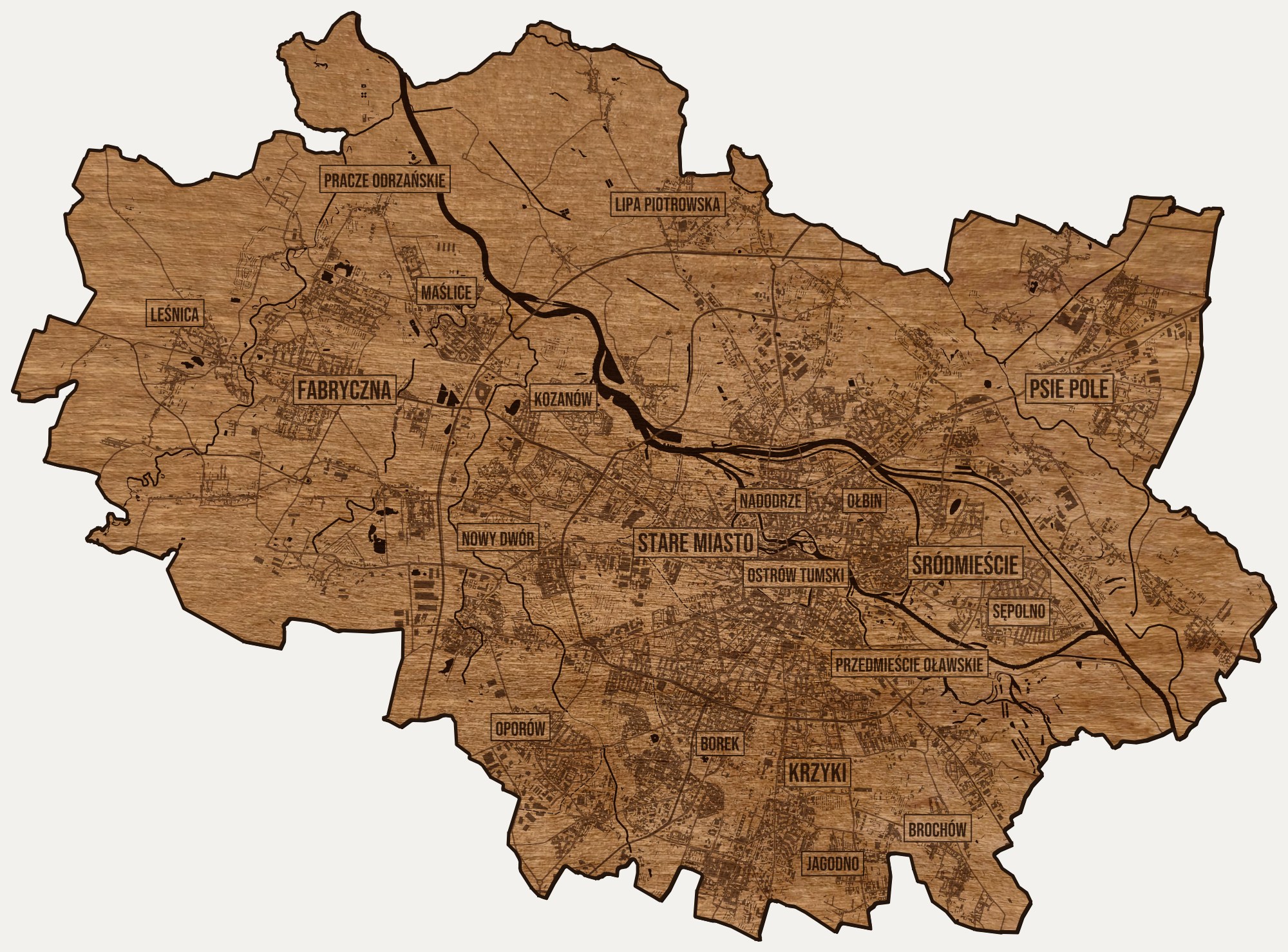 Drewniana mapa Wrocławia na ścianę z jednego kawałka, granice dzielnic wygrawerowane