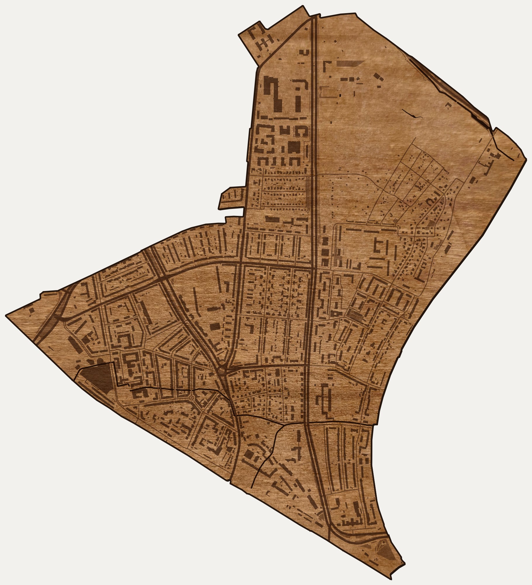 Drewniana mapa dzielnicy Wrzeszcz Dolny (Gdańsk) na ścianę z jednego kawałka, granice osiedli wygrawerowane