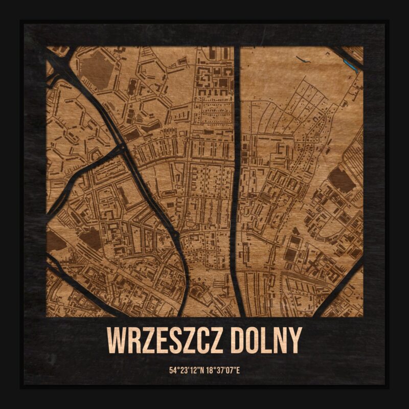 Wrzeszcz Dolny (Gdańsk) - drewniana mapa dzielnicy z siatką ulic w ramce
