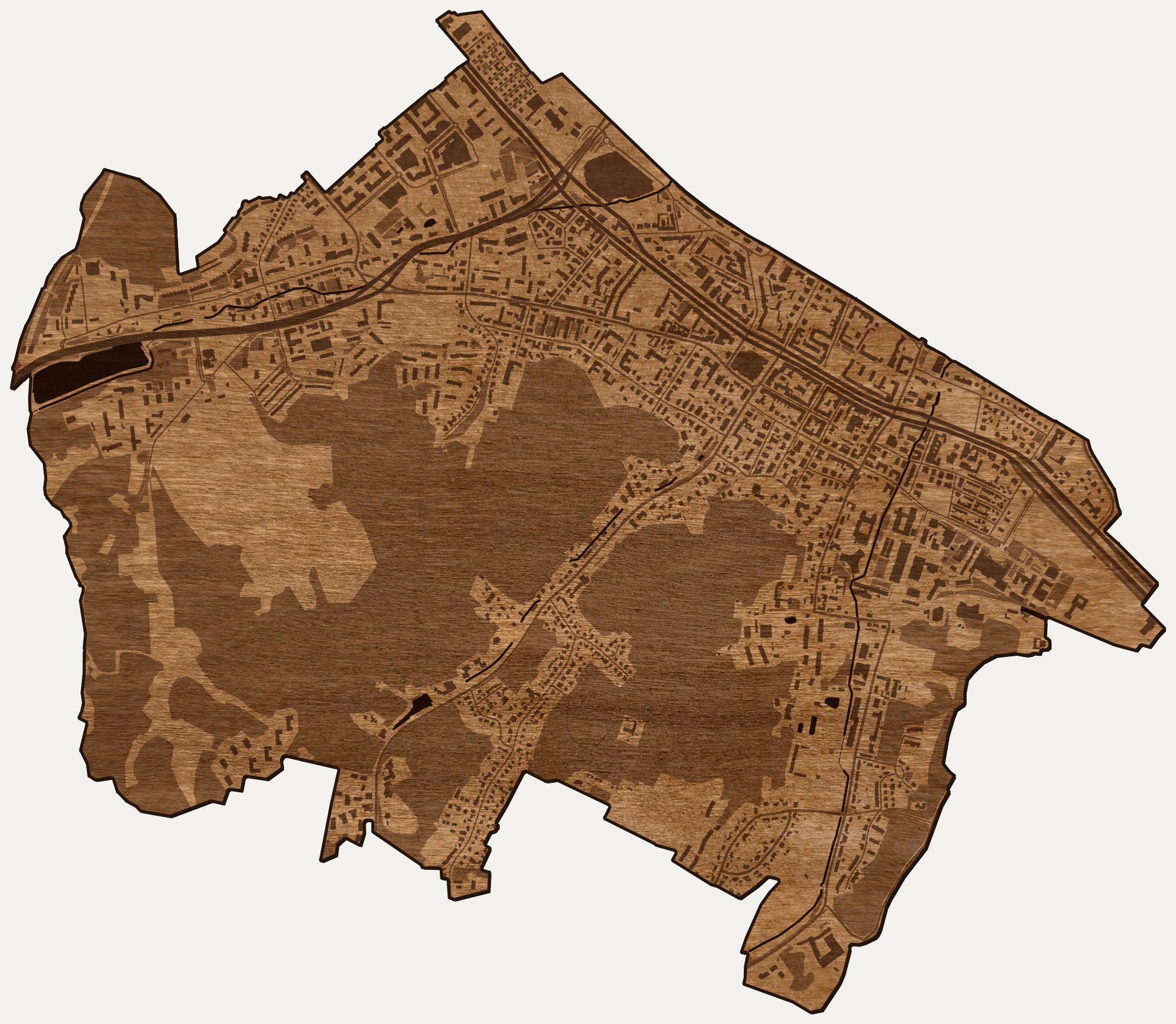 Drewniana mapa dzielnicy Wrzeszcz Górny (Gdańsk) na ścianę z jednego kawałka, granice osiedli wygrawerowane