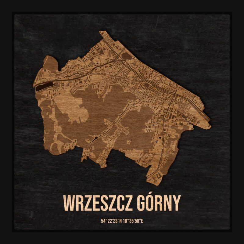 Drewniana mapa dzielnicy Wrzeszcz Górny w ramce 25×25: kontur dzielnicy na czarnej płycie, ulice, budynki, zieleń i woda
