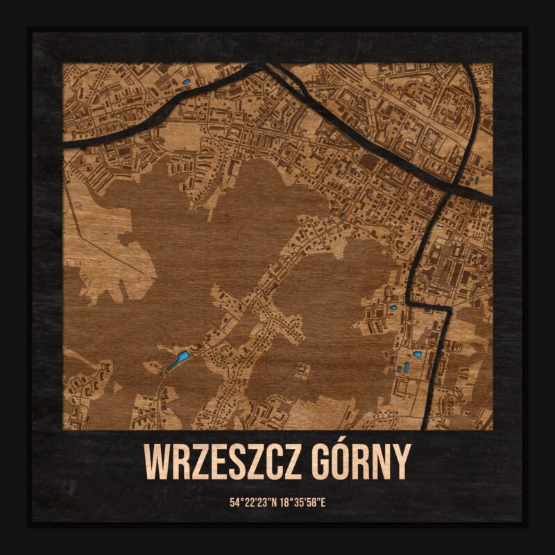 Wrzeszcz Górny (Gdańsk) - drewniana mapa dzielnicy z siatką ulic w ramce