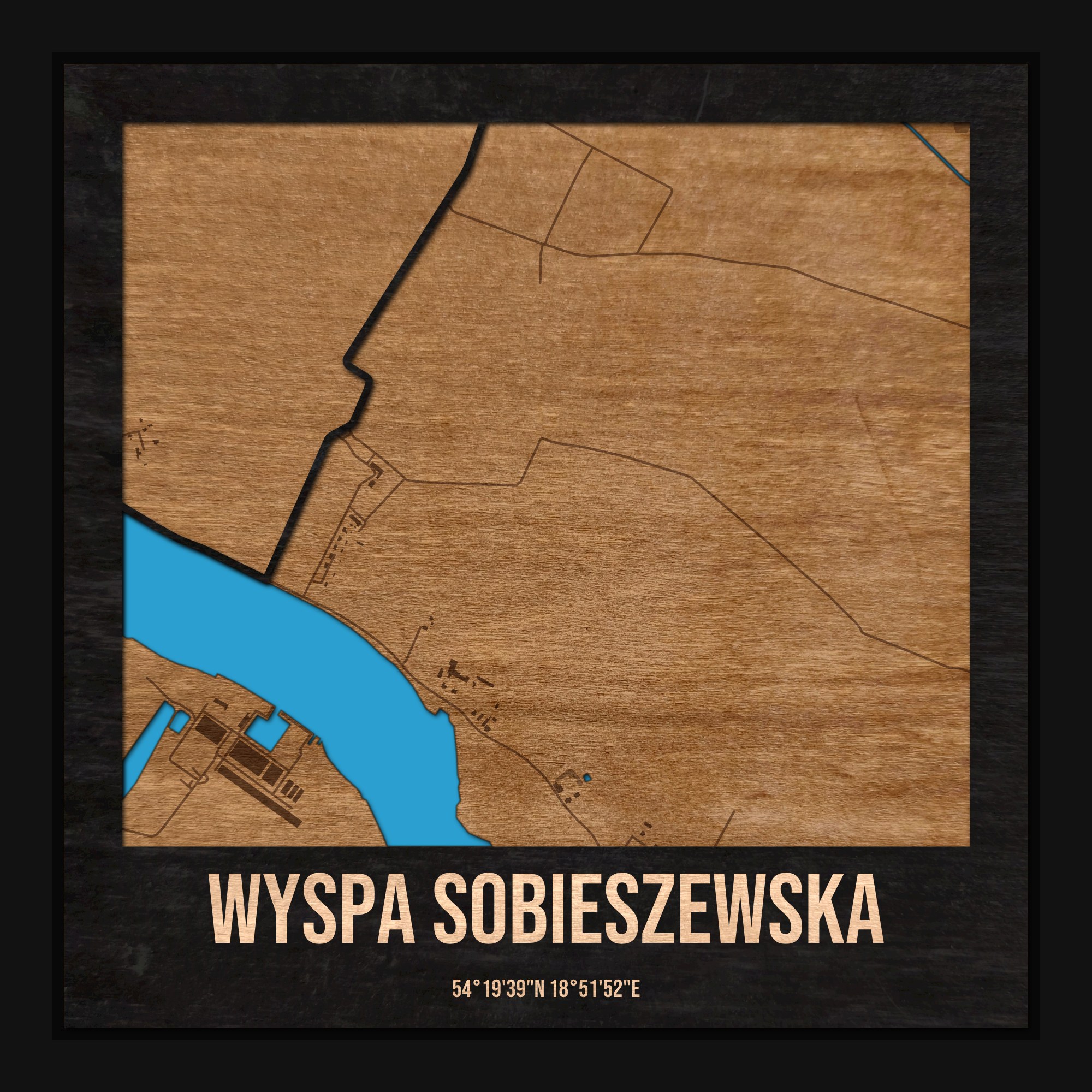 Wyspa Sobieszewska (Gdańsk) - drewniana mapa dzielnicy z siatką ulic w ramce