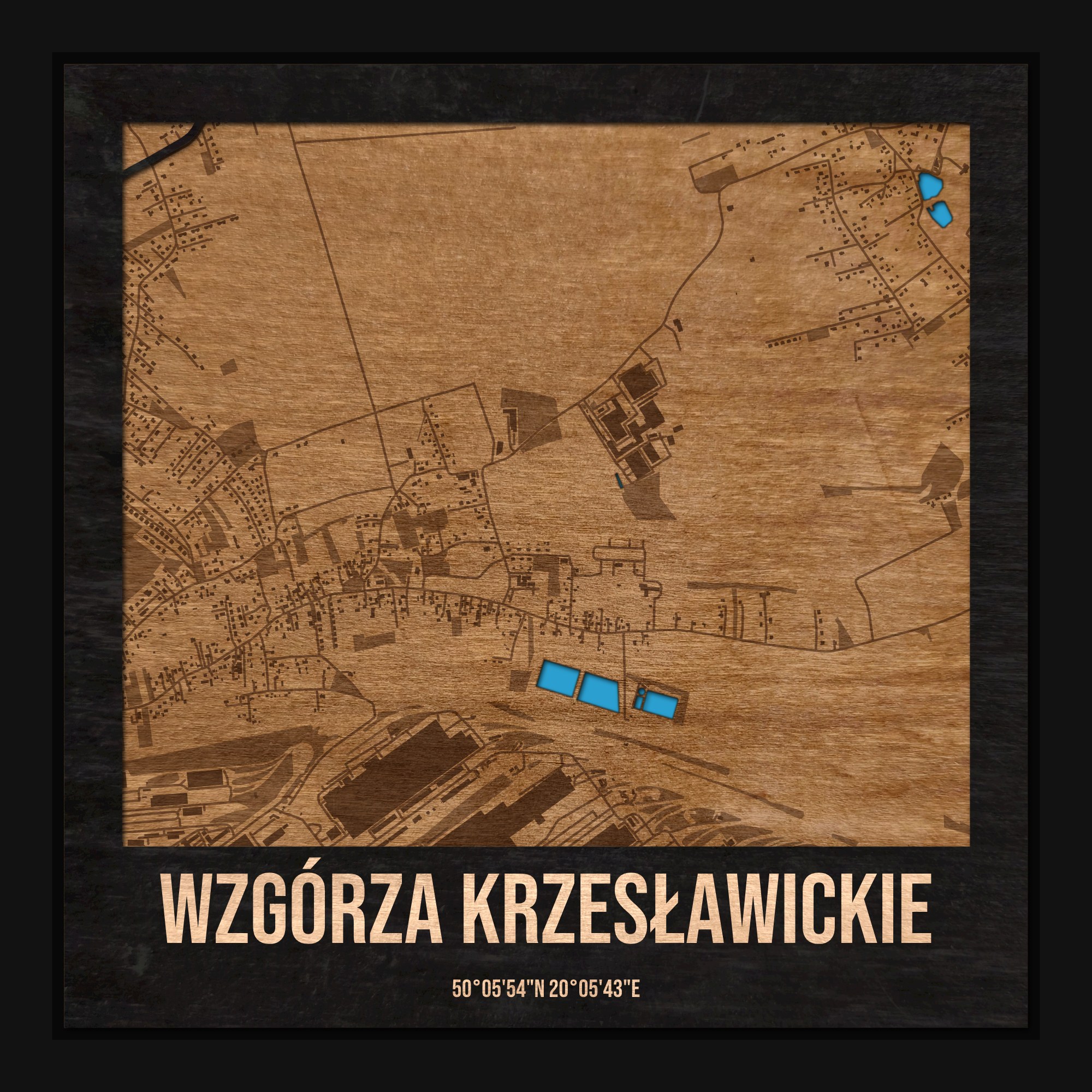 Wzgórza Krzesławickie (Kraków) - drewniana mapa dzielnicy z siatką ulic w ramce