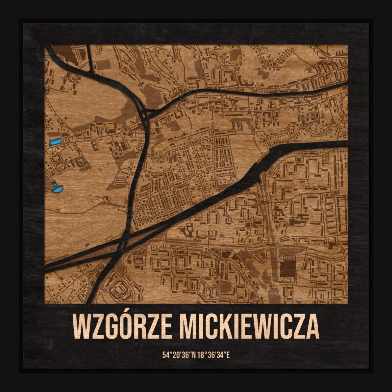 Wzgórze Mickiewicza (Gdańsk) - drewniana mapa dzielnicy z siatką ulic w ramce
