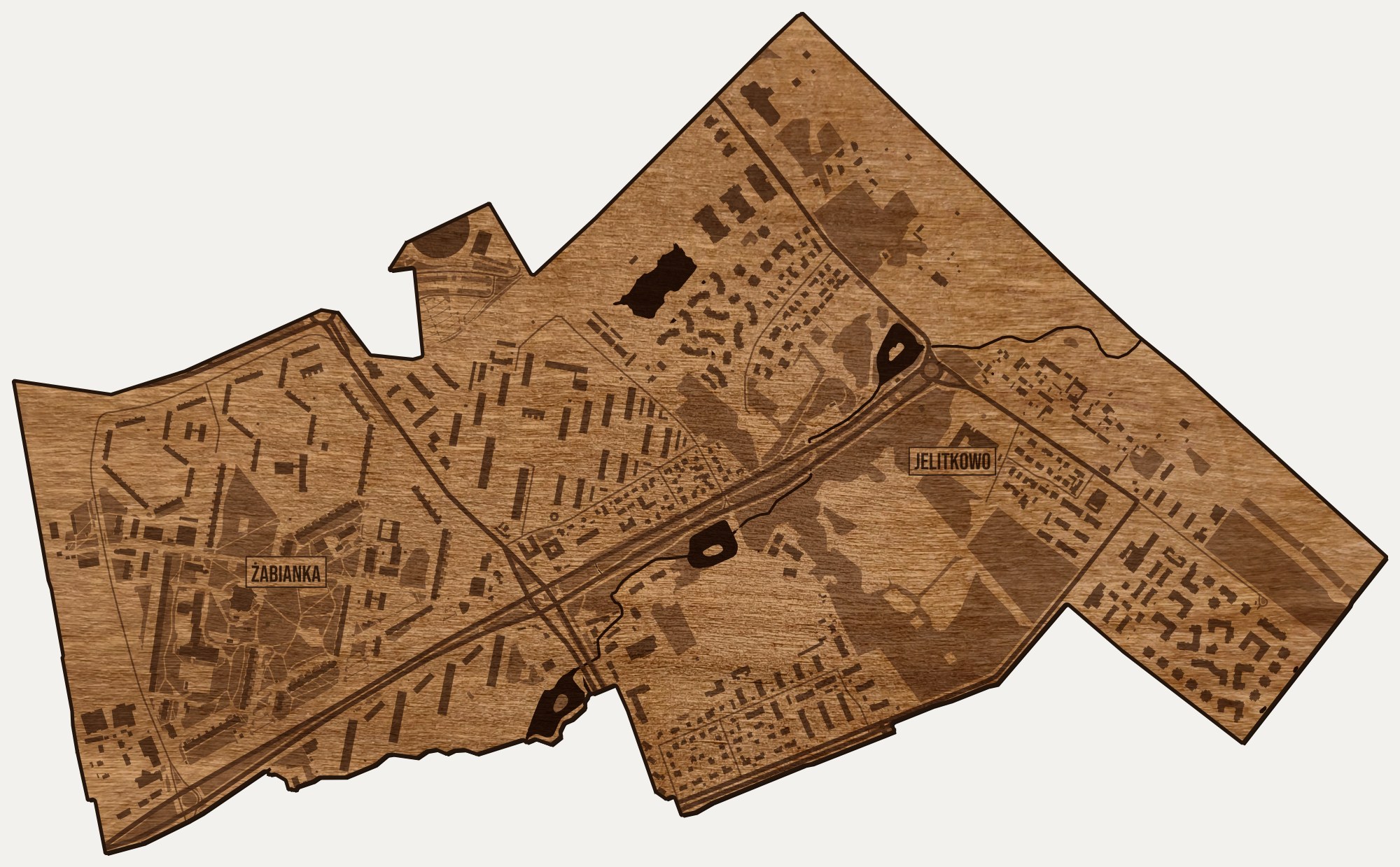 Drewniana mapa dzielnicy Żabianka-Wejhera-Jelitkowo-Tysiąclecia (Gdańsk) na ścianę z jednego kawałka, granice osiedli wygrawerowane