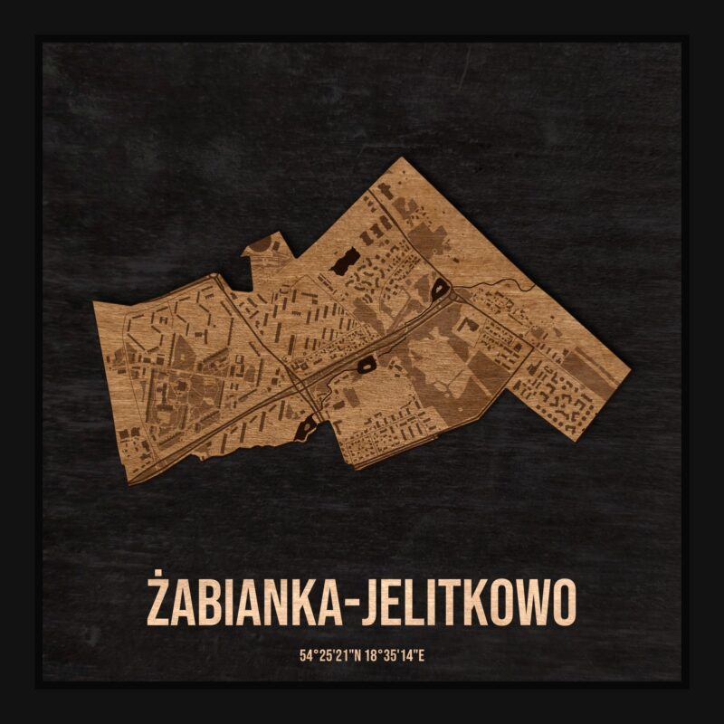 Drewniana mapa dzielnicy Żabianka-Wejhera-Jelitkowo-Tysiąclecia w ramce 25×25: kontur dzielnicy na czarnej płycie, ulice, budynki, zieleń i woda