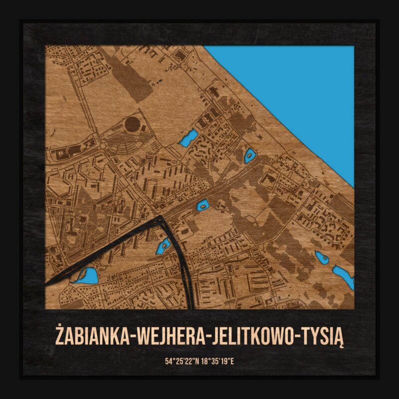 Żabianka-Wejhera-Jelitkowo-Tysiąclecia (Gdańsk) - drewniana mapa dzielnicy z siatką ulic w ramce