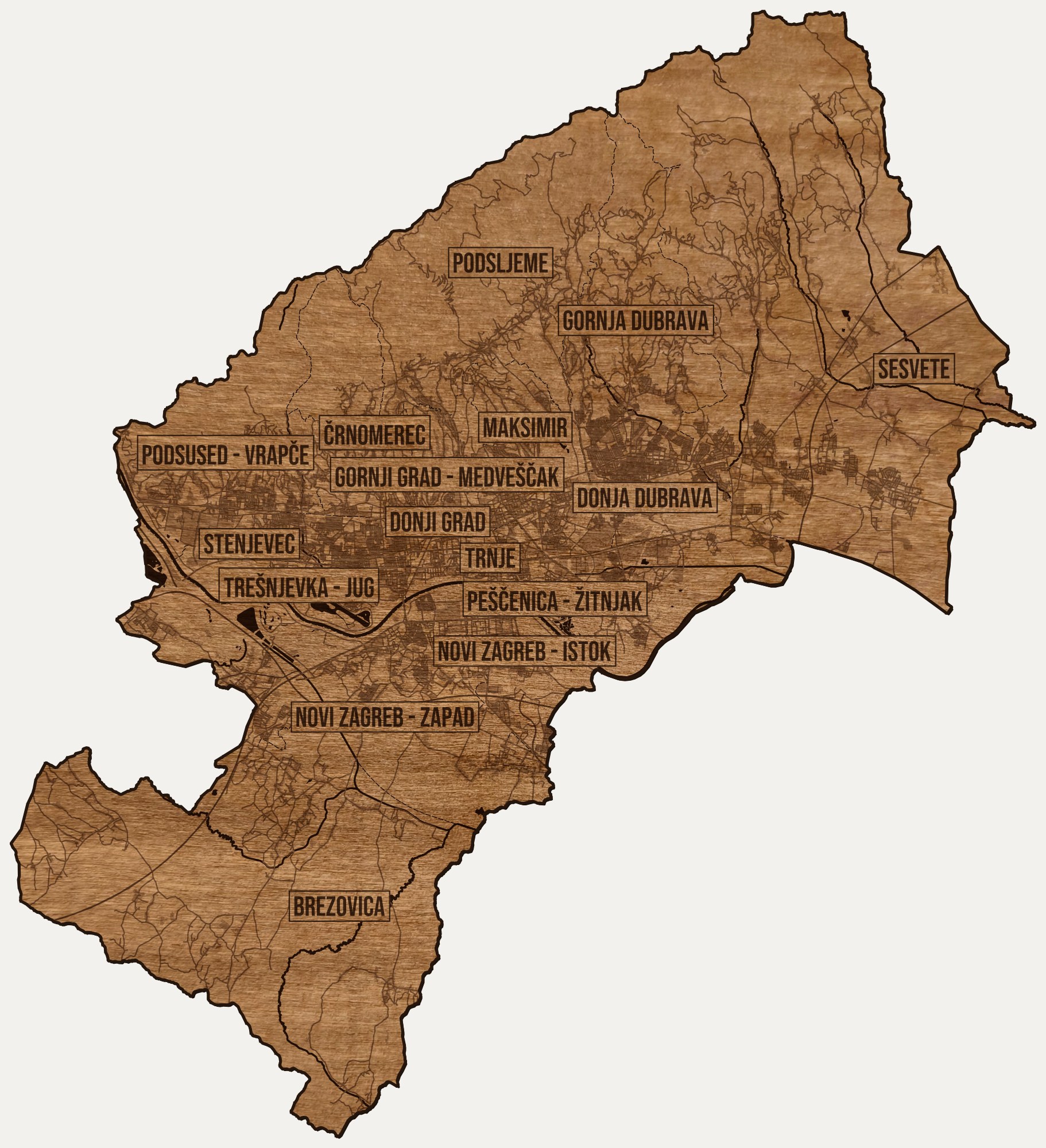 Drewniana mapa Zagrzebia na ścianę z jednego kawałka, granice dzielnic wygrawerowane