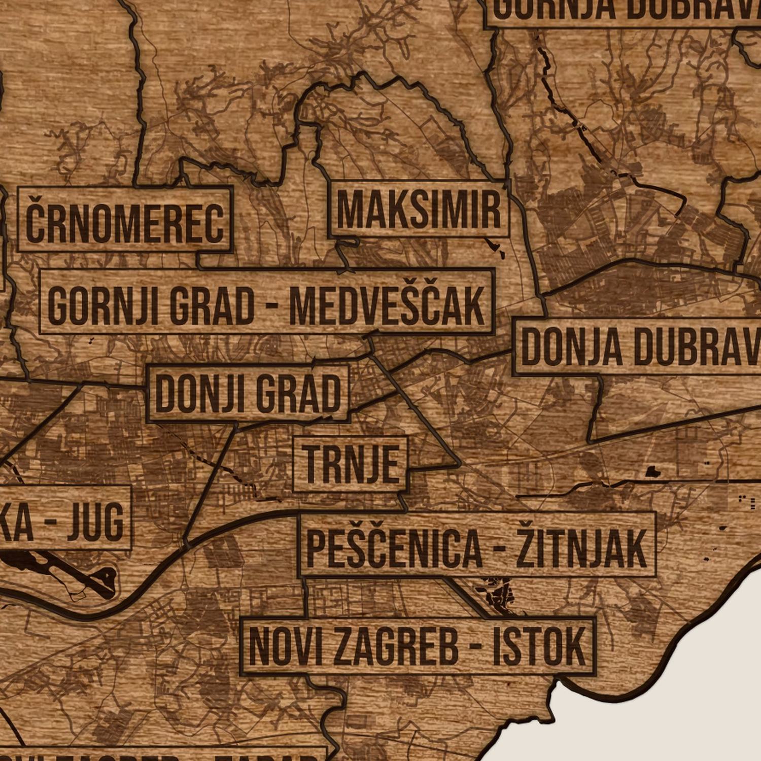 Zagrzeb - zbliżenie na grawer drewnianej mapy