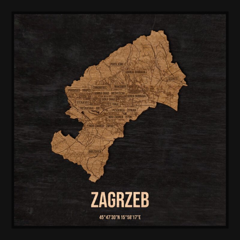 Drewniana mapa Zagrzebia w ramce 25×25: kontur miasta na czarnej płycie, ulice, zabudowa, rzeki, granice i nazwy dzielnic