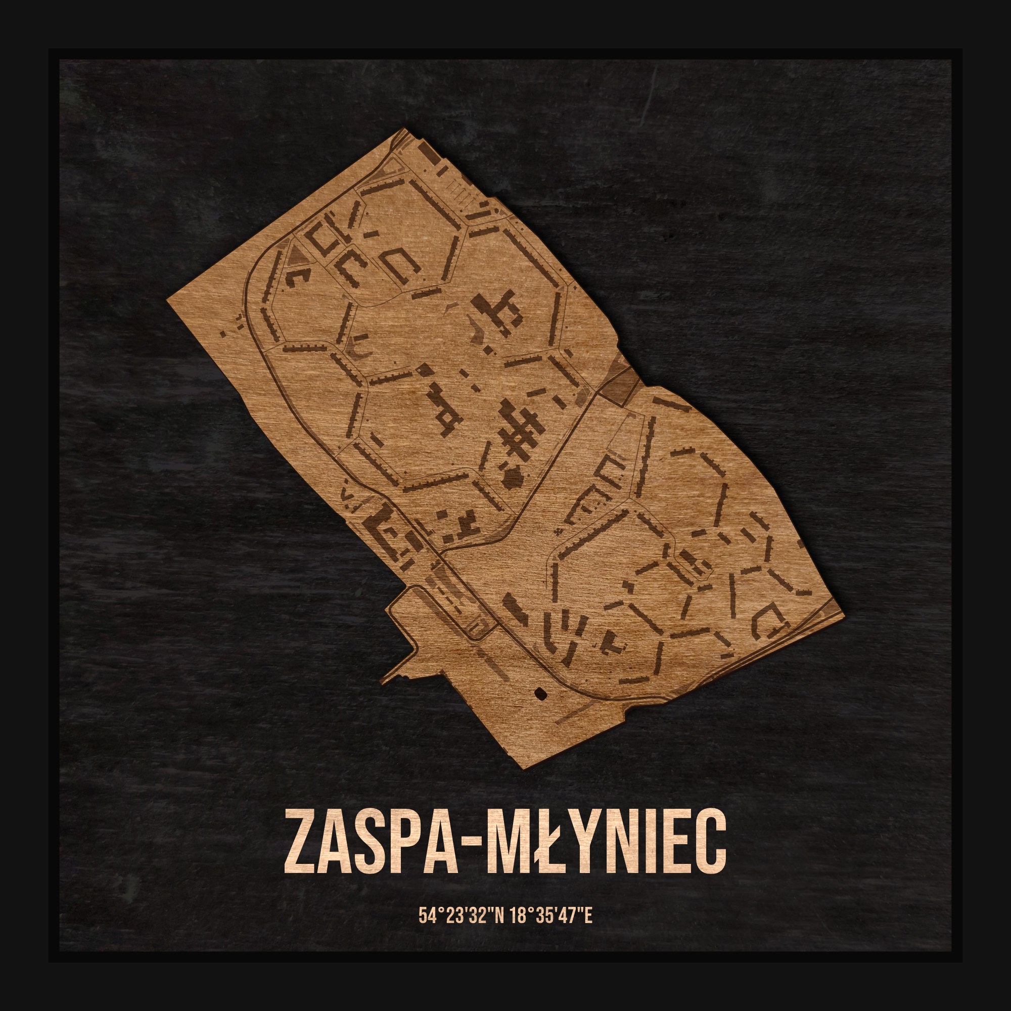 Drewniana mapa dzielnicy Zaspa-Młyniec w ramce 25×25: kontur dzielnicy na czarnej płycie, ulice, budynki, zieleń i woda