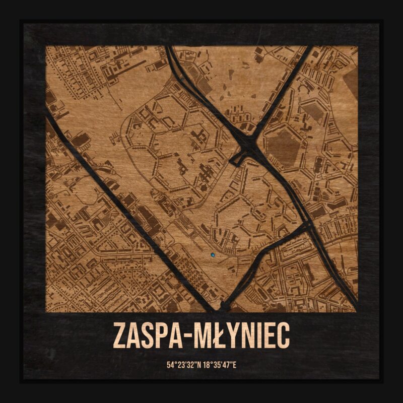 Zaspa-Młyniec (Gdańsk) - drewniana mapa dzielnicy z siatką ulic w ramce