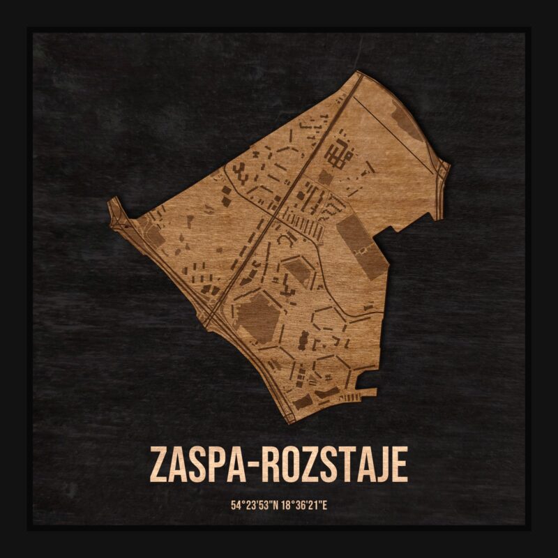 Drewniana mapa dzielnicy Zaspa-Rozstaje w ramce 25×25: kontur dzielnicy na czarnej płycie, ulice, budynki, zieleń i woda
