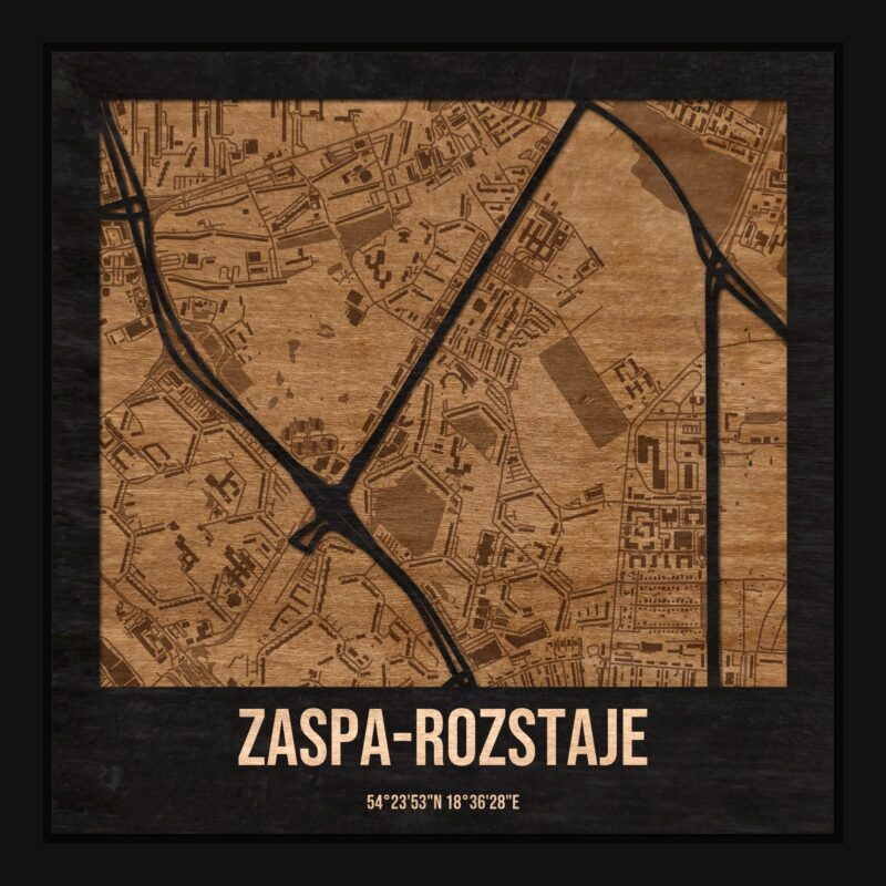 Zaspa-Rozstaje (Gdańsk) - drewniana mapa dzielnicy z siatką ulic w ramce