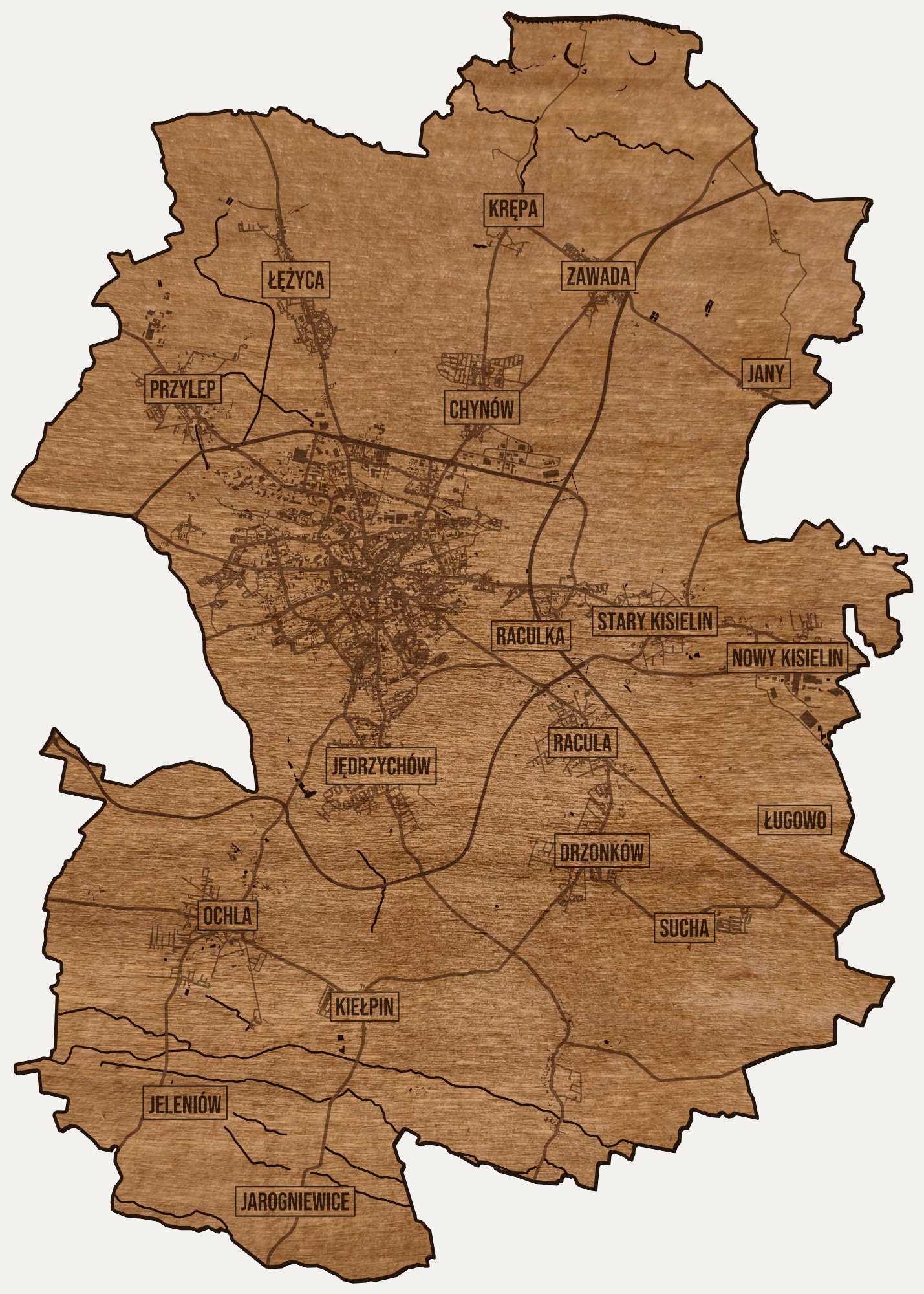 Drewniana mapa Zielonej Góry na ścianę z jednego kawałka, granice dzielnic wygrawerowane