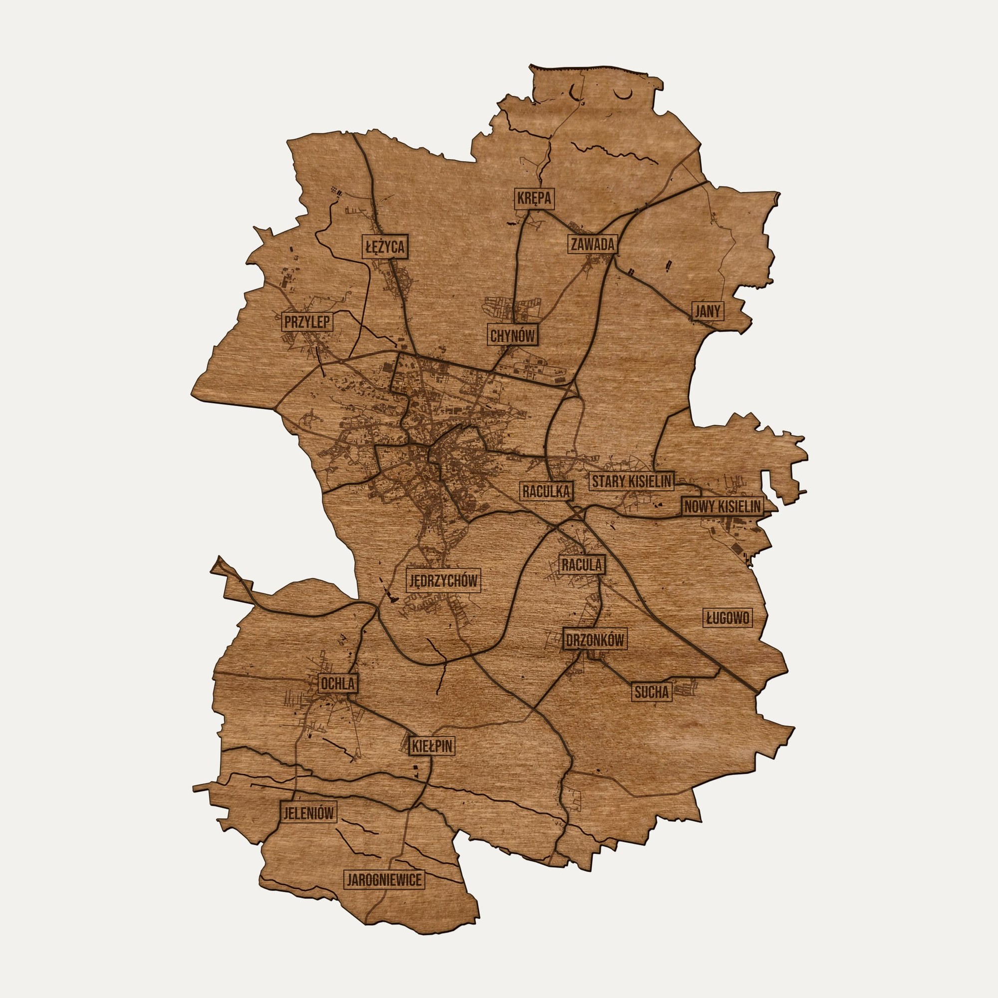 Zielona Góra - drewniana mapa miasta na ścianę