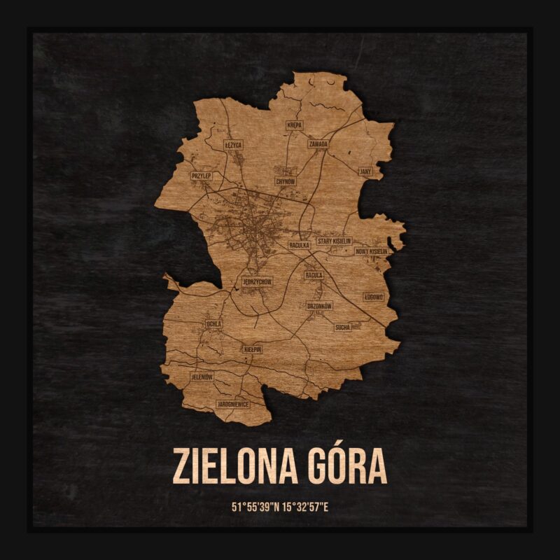 Drewniana mapa Zielonej Góry w ramce 25×25: kontur miasta na czarnej płycie, ulice, budynki, rzeki, granice i nazwy dzielnic