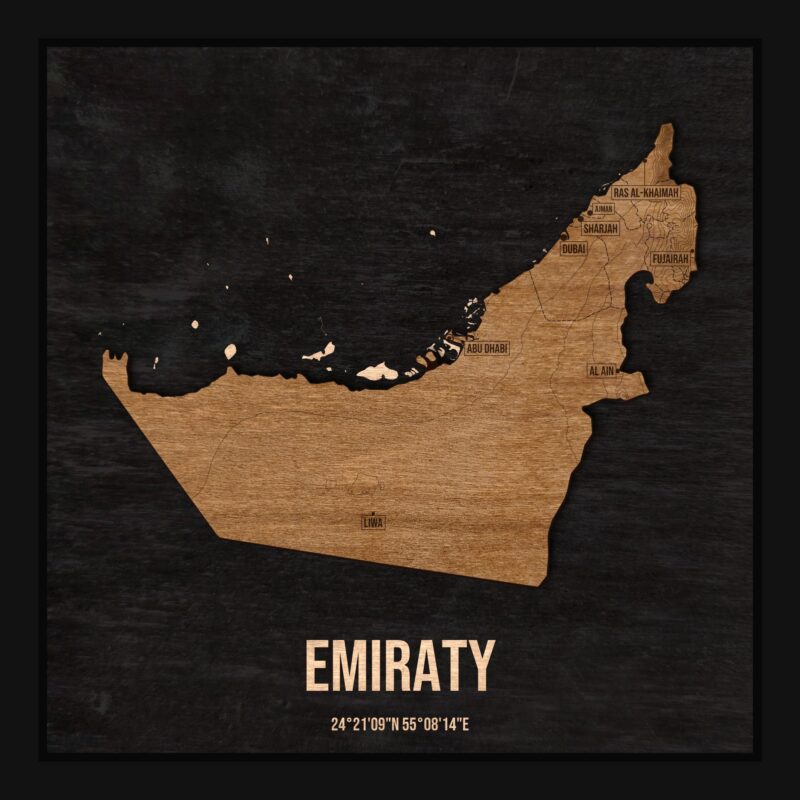 Drewniana mapa Zjednoczonych Emiratów Arabskich w ramce 25×25: kontur kraju na czarnej płycie, nazwy miast, rzeki, jeziora, ukształtowanie terenu i granice regionów