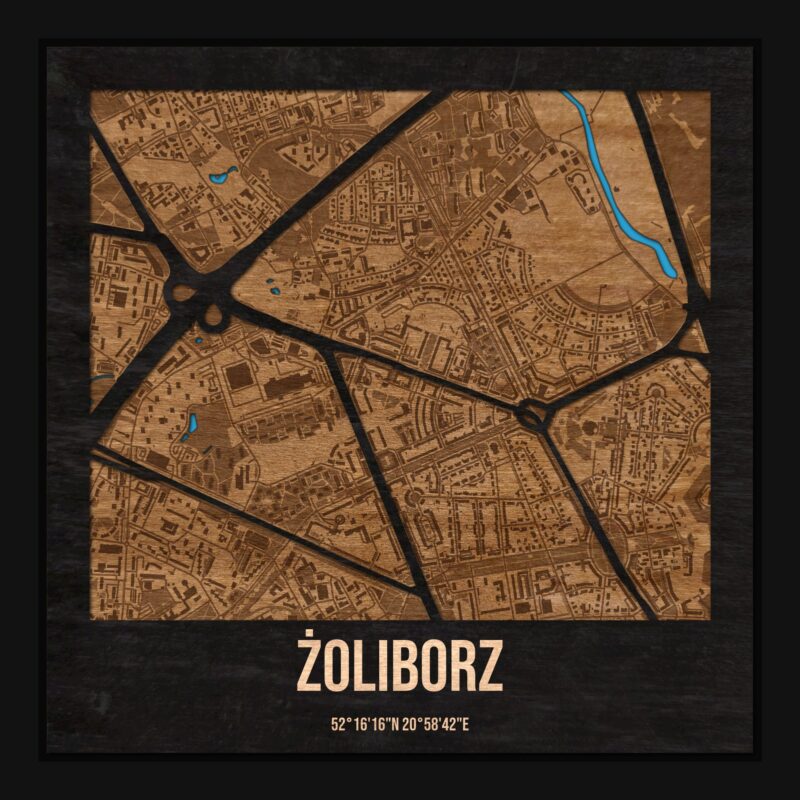 Żoliborz (Warszawa) - drewniana mapa dzielnicy z siatką ulic w ramce