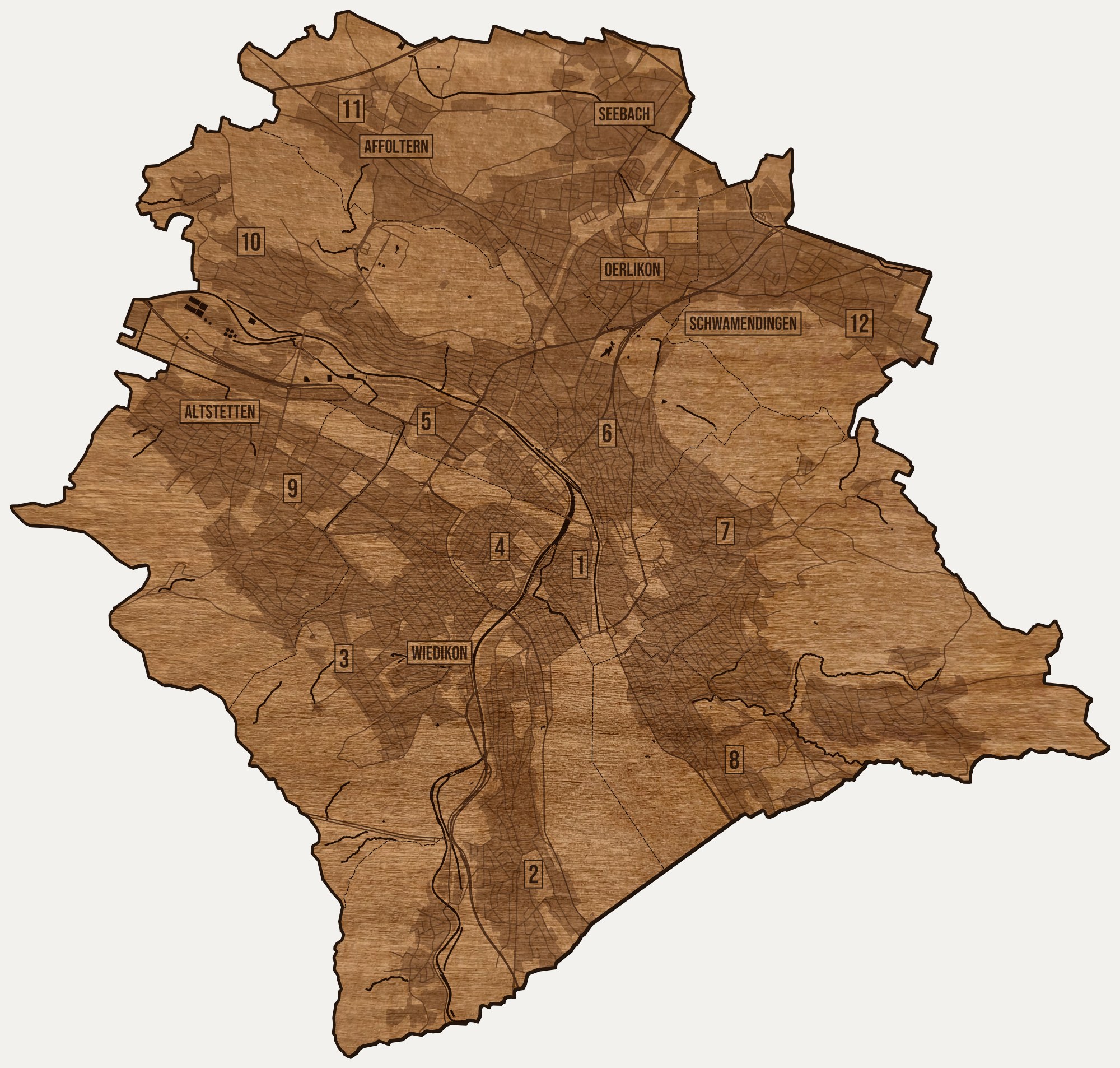 Drewniana mapa Zurychu na ścianę z jednego kawałka, granice dzielnic wygrawerowane