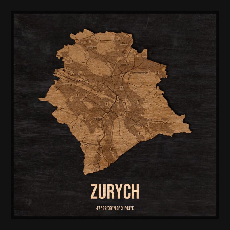 Drewniana mapa Zurychu w ramce 25×25: kontur miasta na czarnej płycie, ulice, zabudowa, rzeki, granice i nazwy dzielnic