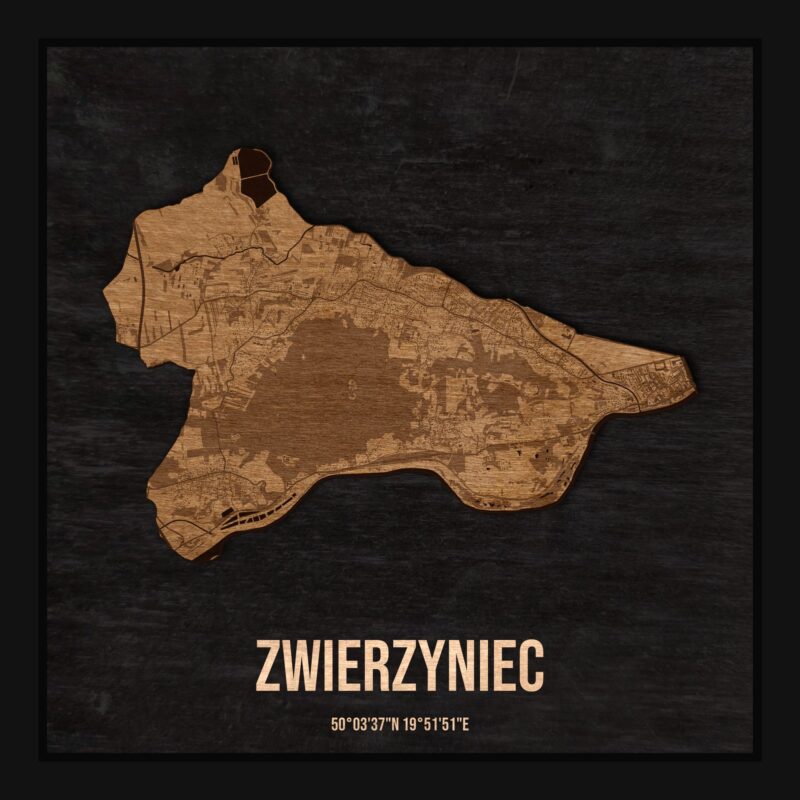 Drewniana mapa dzielnicy Zwierzyniec w ramce 25×25: kontur dzielnicy na czarnej płycie, ulice, budynki, zieleń i woda