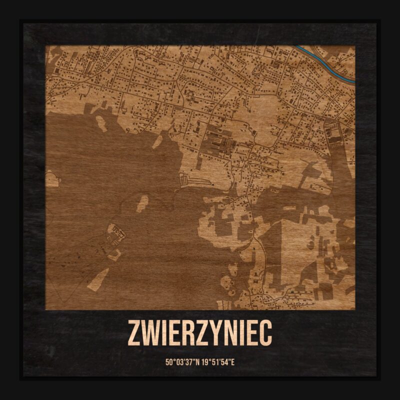 Zwierzyniec (Kraków) - drewniana mapa dzielnicy z siatką ulic w ramce