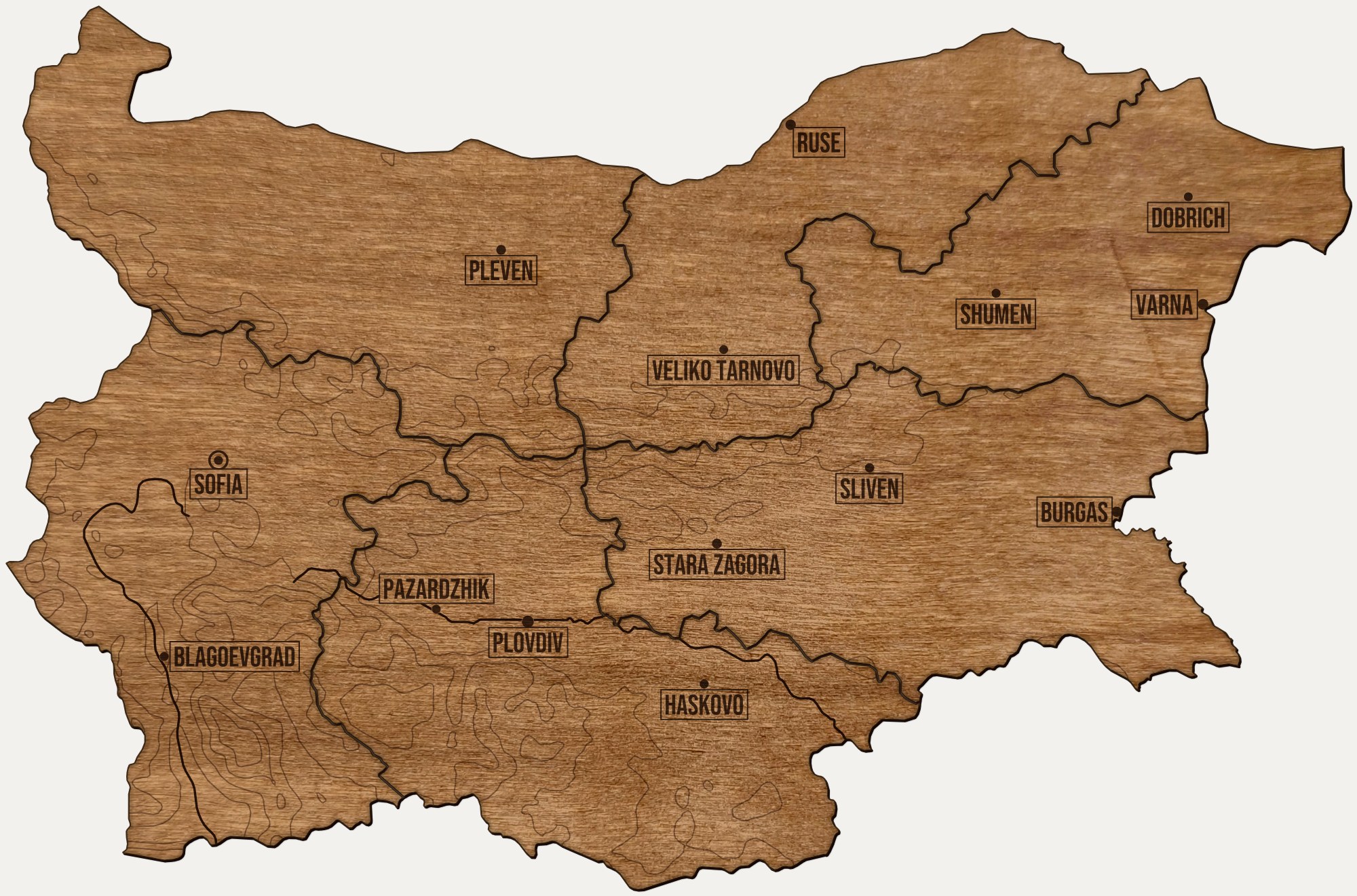 Drewniana mapa Bułgaria na ścianę: regiony, nazwy miast, rzeki i ukształtowanie terenu