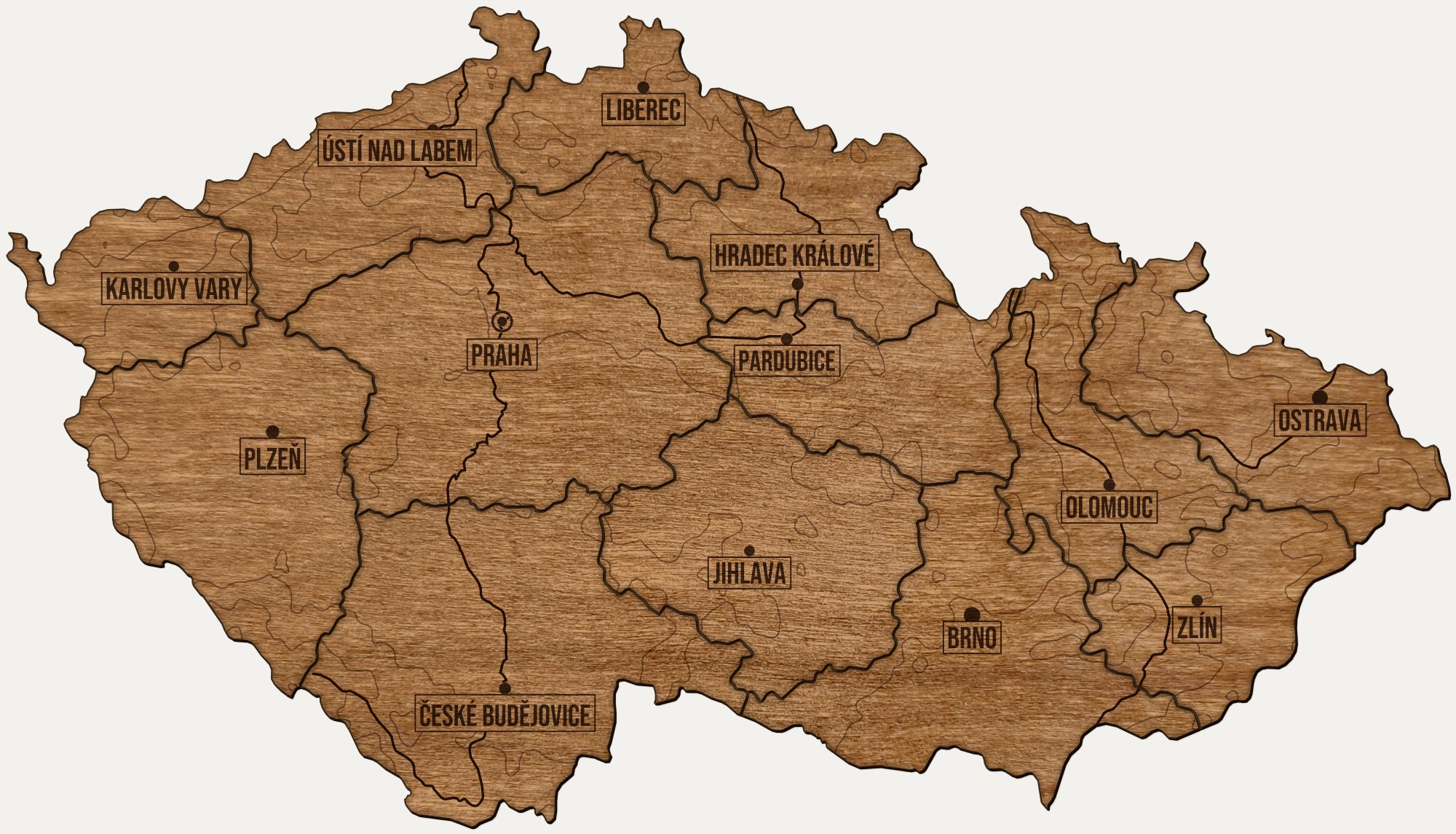 Drewniana mapa Czechy na ścianę: regiony, nazwy miast, rzeki i ukształtowanie terenu