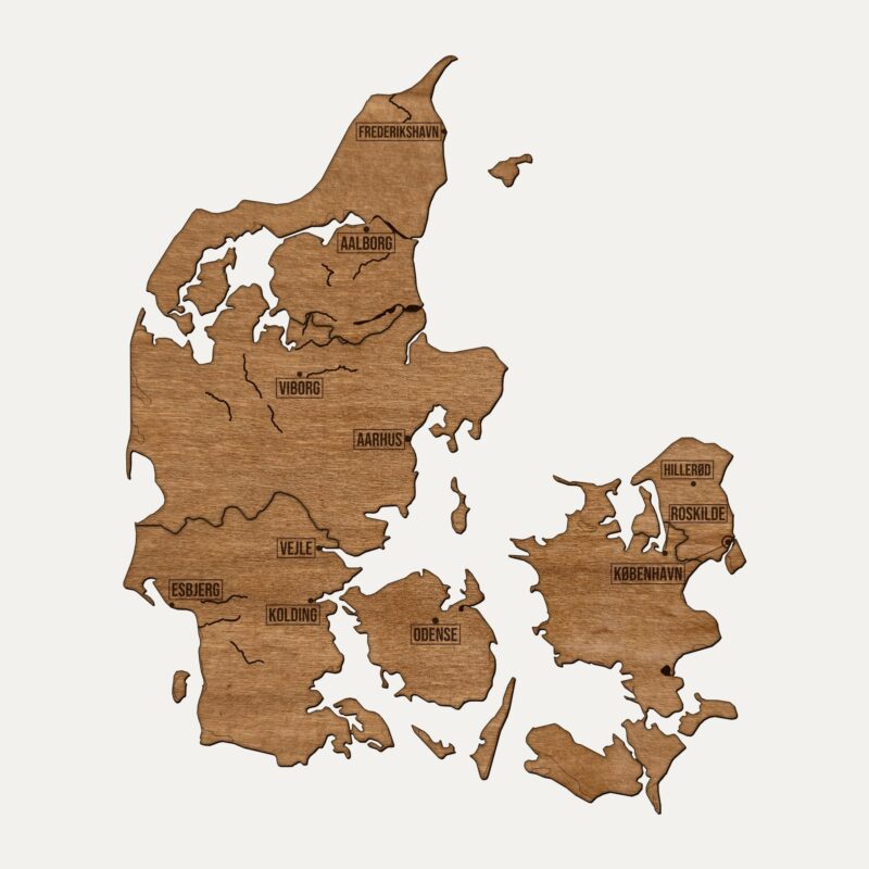 Drewniana mapa Dania na ścianę, cały kraj pocięty na regiony