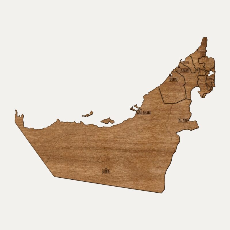 Drewniana mapa Zjednoczone Emiraty Arabskie na ścianę, cały kraj pocięty na regiony