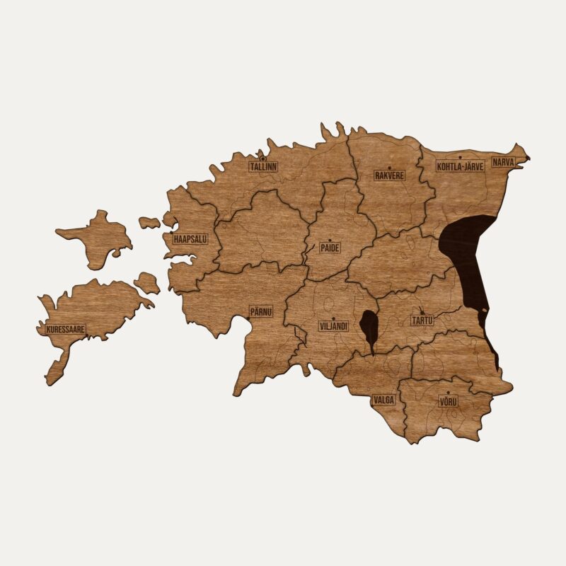 Drewniana mapa Estonia na ścianę, cały kraj pocięty na regiony