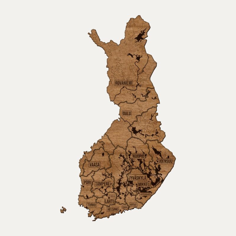 Drewniana mapa Finlandia na ścianę, cały kraj pocięty na regiony