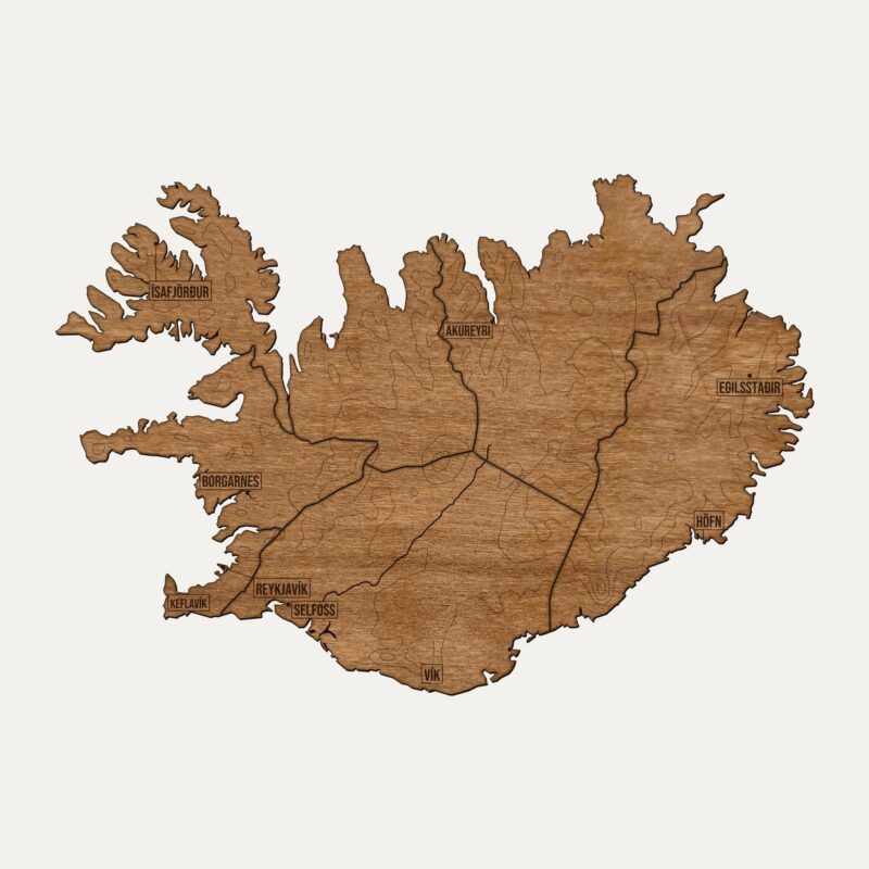 Drewniana mapa Islandia na ścianę, cały kraj pocięty na regiony