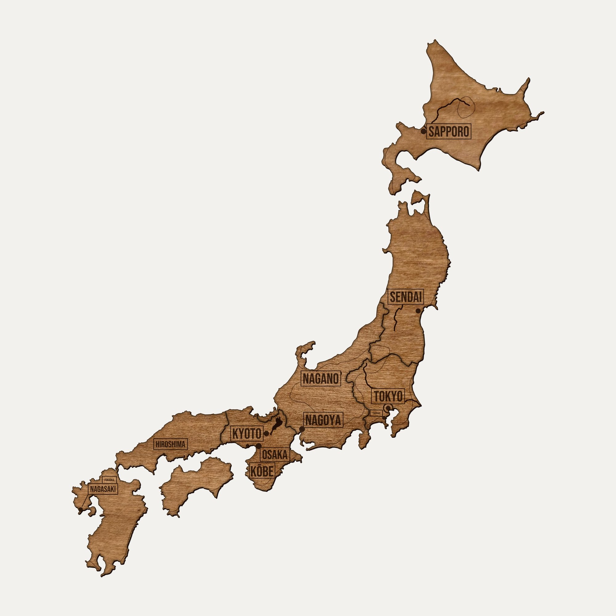 Drewniana mapa Japonia na ścianę, cały kraj pocięty na regiony