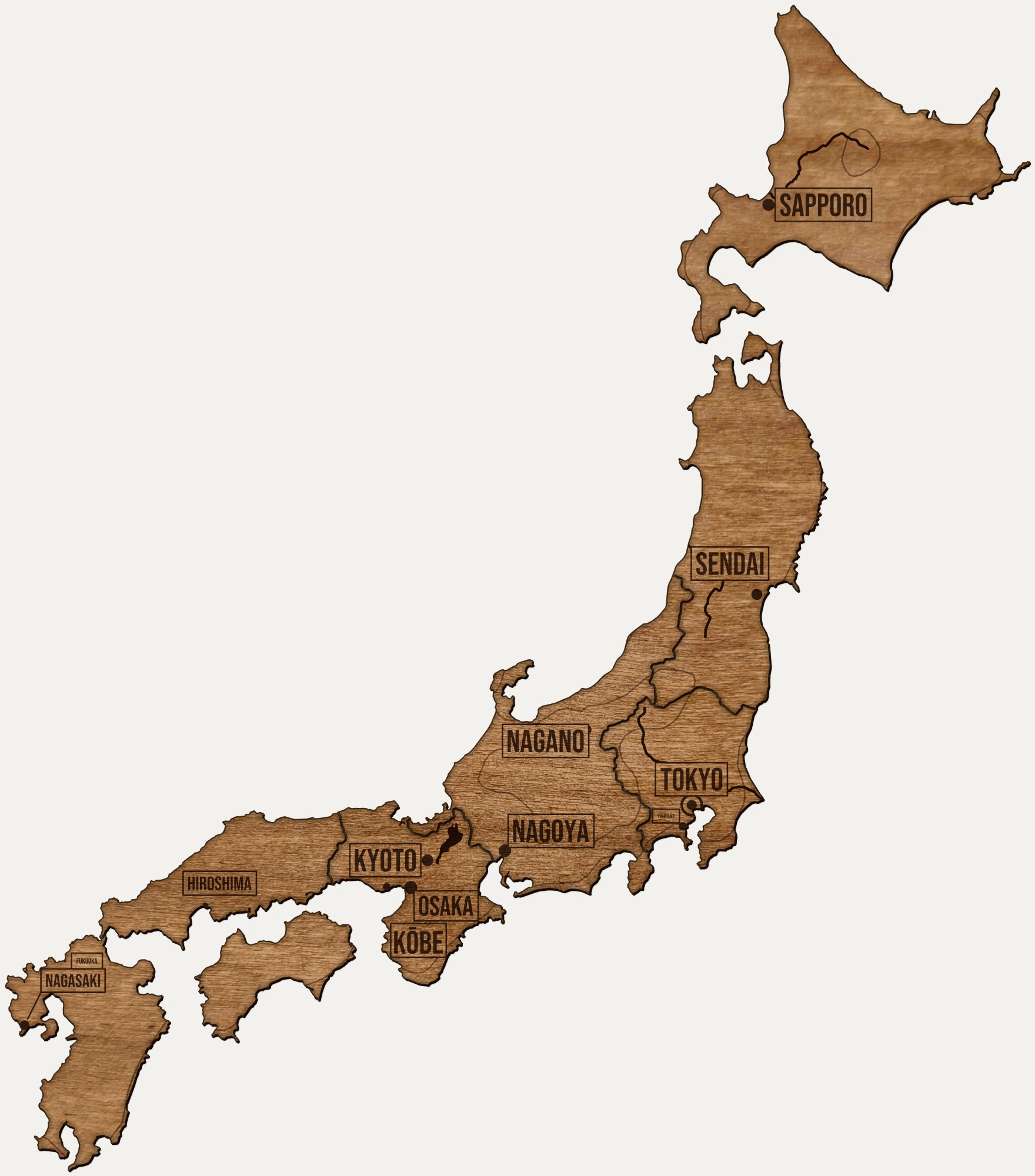 Drewniana mapa Japonia na ścianę: regiony, nazwy miast, rzeki i ukształtowanie terenu