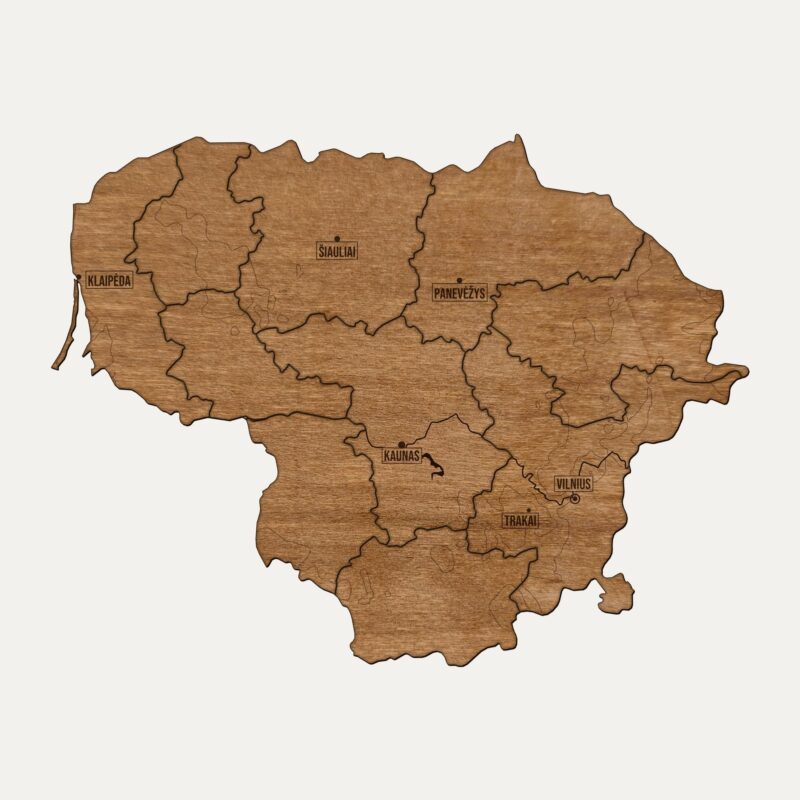 Drewniana mapa Litwa na ścianę, cały kraj pocięty na regiony
