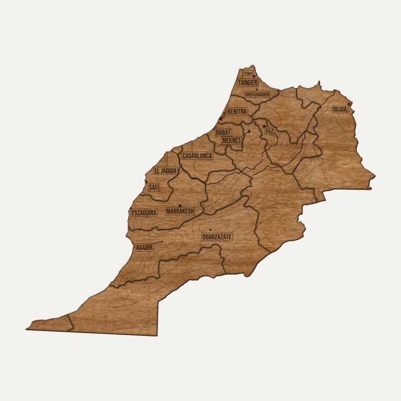 Drewniana mapa Maroko na ścianę, cały kraj pocięty na regiony